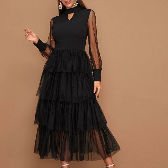 MODA ME COUTURE Dresses & Skirts - Chic Beaded Sheer Sleeve Layered Mesh Hem Peekaboo Dress black